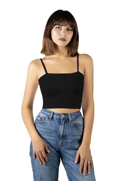 ADEGO Black Rope Strap Fitted Crop Top Undershirt