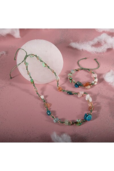 OSMANLI DOĞAL TAŞ Terazi Burcu Kolye Bileklik Seti Akuamarin, Ay Taşı, Güneş Taşı, Krizopras, Mavi Apatit, Pembe Kuvar