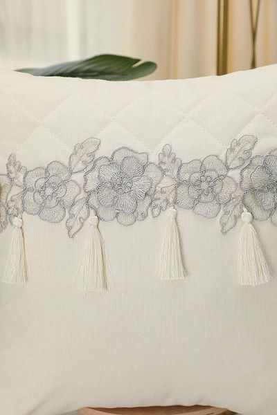 Aisha's Design 45X45 cm Square Throw Pillow Cover with Glitter Flower Motif and Tassel - K-437