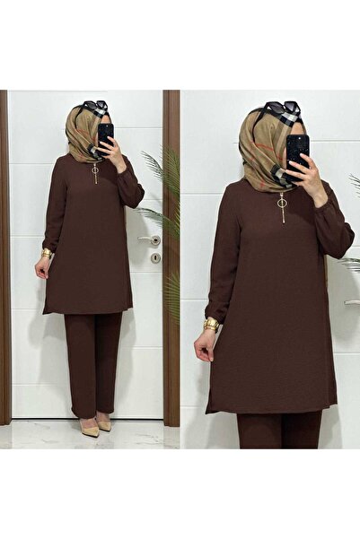 modasura 1035 K70 KAHVERENGİ  FERMUARLI tunik pantolon aerobin kumaş  ikili takım buyuk beden yeni sezon