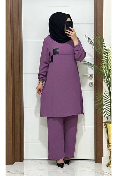 modasura LILA 1045 K 65 - Leather Detailed Tunic and Trousers Curved Set - Linen Fabric, Large Size, New Season