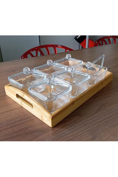 Pinkev Set of 6 Glass Breakfast Snack Bowl with Bamboo Tray and Lid