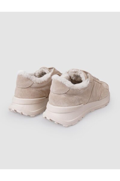 Cabani 100% Genuine Leather Beige Suede Shearling Women's Sneakers