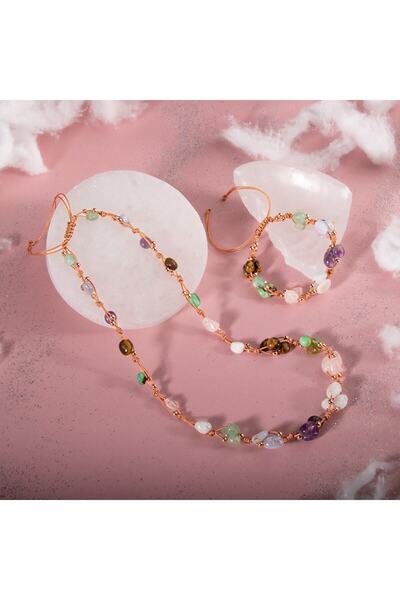 OSMANLI DOĞAL TAŞ Yengeç Burcu Kolye Bileklik Seti Ametist, Ay Taşı, Kalsedon, Kaplan Gözü, Krizopras, Pembe Kuvars, Y