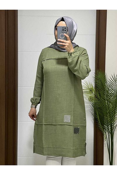 modasura 2025 K30 KHAKI SQUARE STONE PRINTED LINEN TUNIC