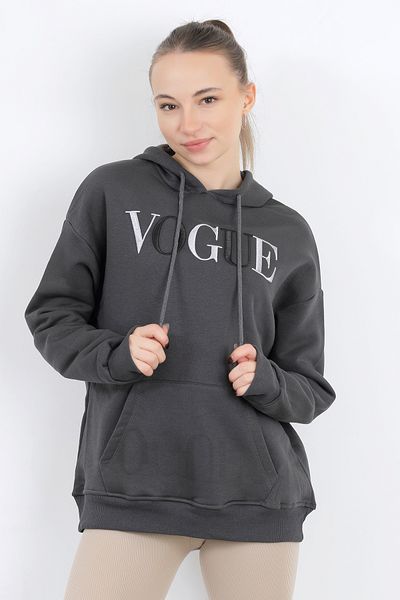 GİYSA Vogue Women's Oversize Hooded Embroidered Sweatshirt - Smoked, Kangaroo Pocket - 2524