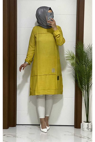 modasura 2025 K40 Mustard Linen Tunic - Square Stone Printed