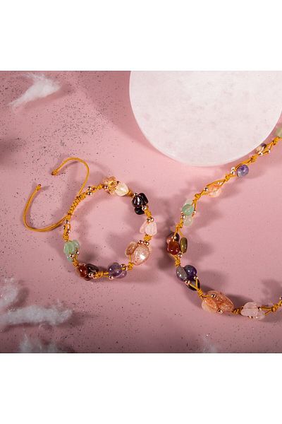 OSMANLI DOĞAL TAŞ Aries Zodiac Necklace Bracelet Set Amethyst, Burgundy Garnet Garnet, Sun Stone, Jasper, Pink Quartz, Citrine, Y