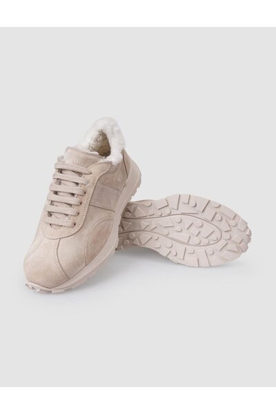 Cabani 100% Genuine Leather Beige Suede Shearling Women's Sneakers