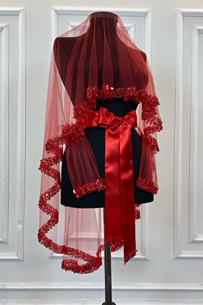 ZEYMERADE طقم حجاب الزفاف الأحمر، طقم حجاب حناء مزين بالترتر واللؤلؤ وأحجار ا...