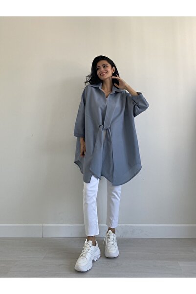 KÜÇÜĞÜM BUTİK Πουκάμισο από ποπλίνα με γκρι γιακά μπροστά