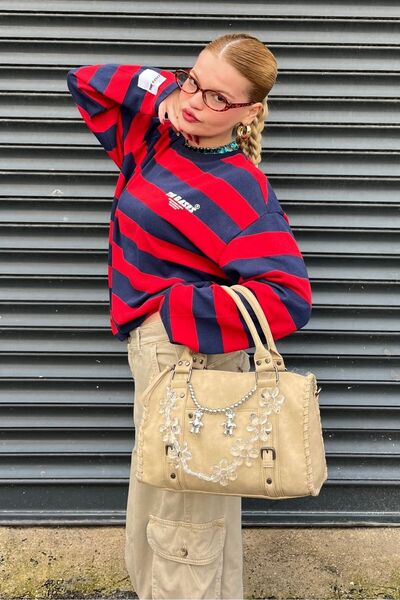 bases. Μακρυμάνικο μπλουζάκι κόκκινο Navy Blue ριγέ Oversize