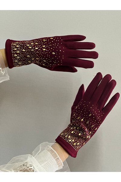 Gönülden Tasarım Women &Apos; S Cashmere Gloves - Touch, Water Drop and Stone Embroidered