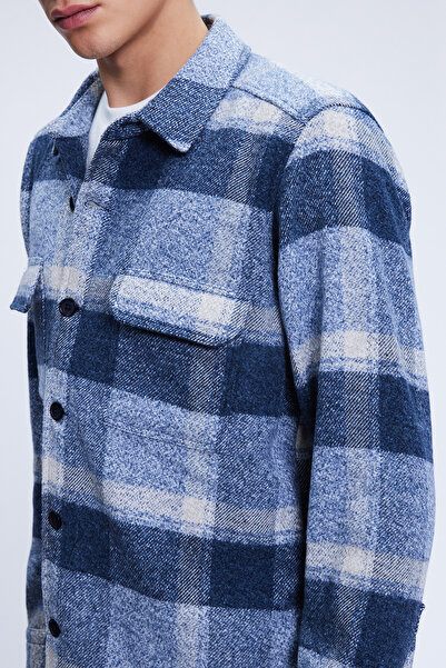 Hatemoğlu Blue Shacket Comfort Fit Long Sleeve Cotton Checkered Shirt