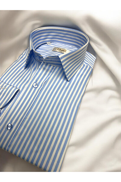 Chamis Slimfit Blue Striped Cotton Satin Classic Lapel Shirt