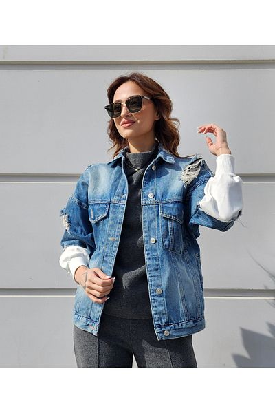 Dilvin Jachetă casual din denim din bumbac pieptănat pe spate
