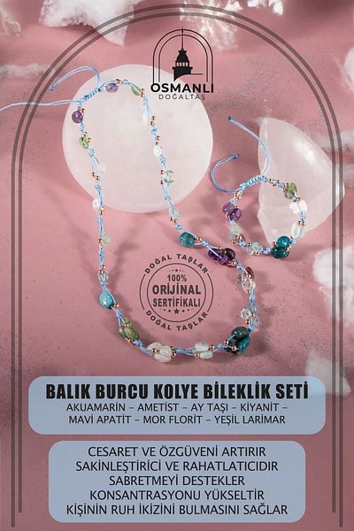 OSMANLI DOĞAL TAŞ Pisces Necklace Bracelet Set Aquamarine, Amethyst, Moon Stone, Kyanite, Blue Apatite, Purple Fluorite, Green