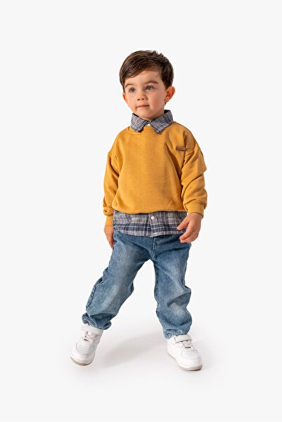 Genel Markalar Erkek Bebek Gömlek Sweatshirt ve Kot Pantolon 3'lü Takım 9064