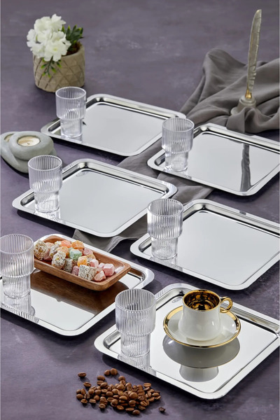 Masaf Home 6-Piece Luxury Square Stainless Steel Silver Color 21x21cm Coffee Serving Tray & Platter