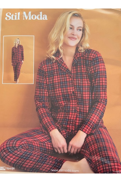 Stilmodas Süet Yılbaşı Özel Kırmızı Ekoseli / Kareli Düğmeli Pijama Takımı