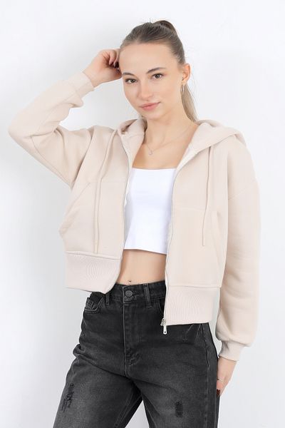GİYSA Women's Full Zipper Hooded Pocket Short Oversize Sweatshirt Stone - 2503