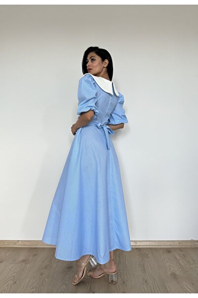 KÜÇÜĞÜM BUTİK Rochie evazată cu mânecă balon cu buline albastre, cu guler