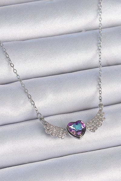 Skygo 316L Steel Chain Silver Color Purple Zircon Stone Winged Heart Model Women's Necklace - Tj-Bko9374
