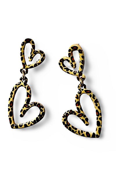 MAZEN Leopard Print Double Heart Design Dangle Earrings (6 cm)