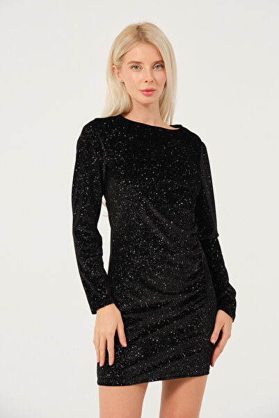 eva clothing Kadın Ön Büzgü Detaylı Simli Kadife Mini Elbise 1234759Eva-1