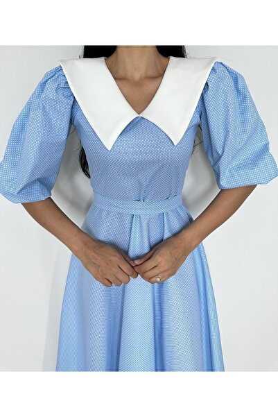 KÜÇÜĞÜM BUTİK Rochie evazată cu mânecă balon cu buline albastre, cu guler
