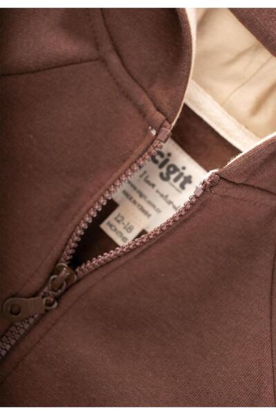 Cigit Coffee Hooded Zippered Cardigan for Ages 1-10