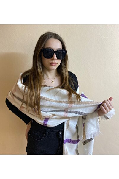 sema aksesuar New Year's New Year's Gift Ecru and Colorful Striped Shawl - Wide Tassel Scarf Shoulder Shawl