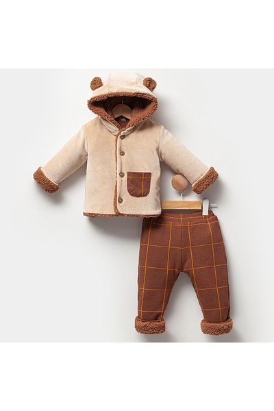 Magu Baby Boy Plush Velvet Teddy Bear Hat Jacket Tracksuit Bottom-Top Set