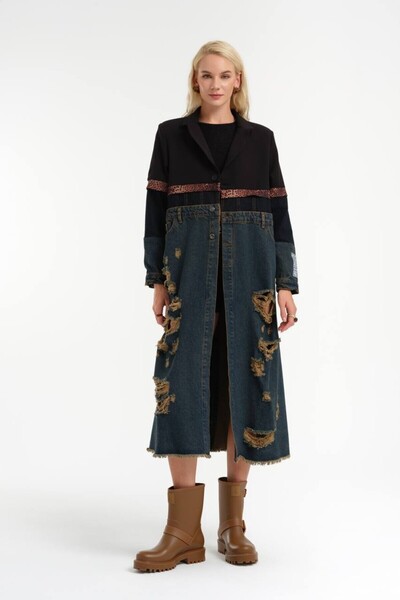 tw3 Leopar Şeritli Kot Garnili Trençkot