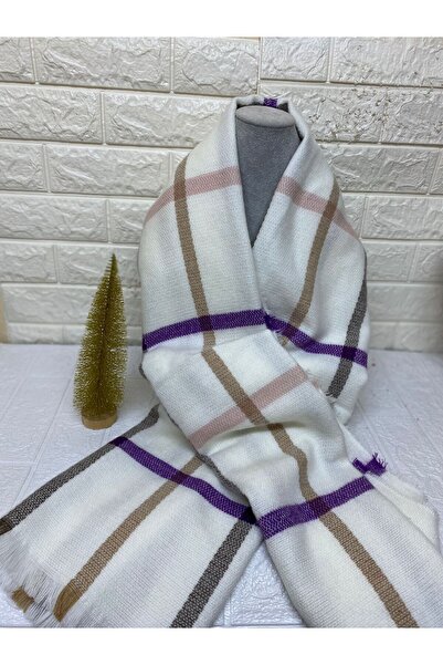 sema aksesuar New Year's New Year's Gift Ecru and Colorful Striped Shawl - Wide Tassel Scarf Shoulder Shawl