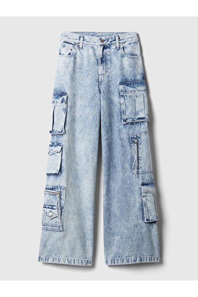 GAP Kadın Mavi Mid Rise Kargo Baggy Jean Pantolon
