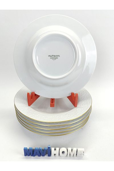 Kütahya Porselen Azalea Series - 21 cm White, Gold Gilt Dinner Plate, Set of 6