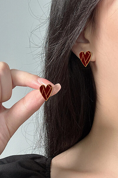 Glaren Bordo Mineli Küçük Kalp Kadın Küpe