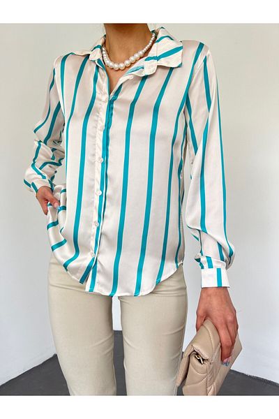 Modamorfo Long Back Satin Shirt with Buttons -Turquoise
