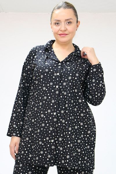 Eslina 47811 Large Size Front Button Micro Suede Pajamas Set - Black