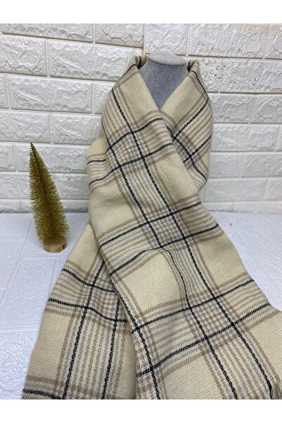 sema aksesuar Κρεμ καρό σάλι για την Ημέρα του Δασκάλου - Πρωτοχρονιάτικο δώρο - Φουλάρι με φαρδιά φούντα