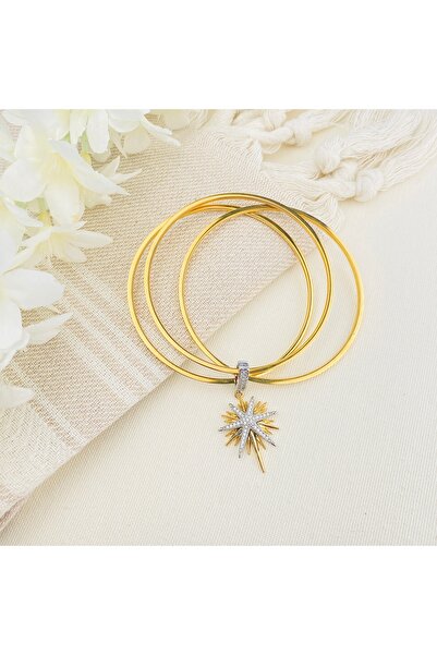 Kyver Çelik Ajda Bilezik Charmlı Ajda Bilezik 3lü Zirkon Taşlı Kutup Yıldızı Gold Gümüş