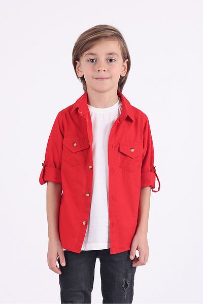 Pollito Boy's 2-Pocket Cotton Red Shirt T-Shirt Set