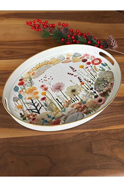 Panoramas Home Altın Yaldız Kenar Beyaz Renkli Çiçek Desen Lüks Büyük Oval Servis Çay Kahve Sunum Tepsisi