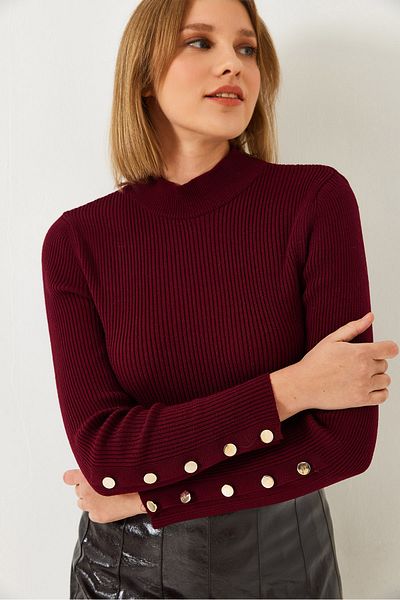Bianco Lucci Women's Knitted Sweater with Button Detail on Sleeves 20247564