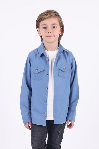 Pollito Tricou cămașă albastră din bumbac cu 2 buzunare pentru băieți Seturi de 2 piese