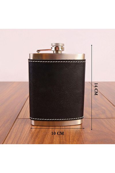 PERLOTUS Steel Whiskey Drinking Flask with 8 oz 235 Cc Funnel and Black Genuine Leather Case