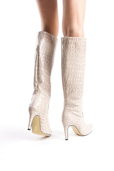 TOPUK Leo Bej Kroko Kadın Çekme Körüklü Kovboy Çizme