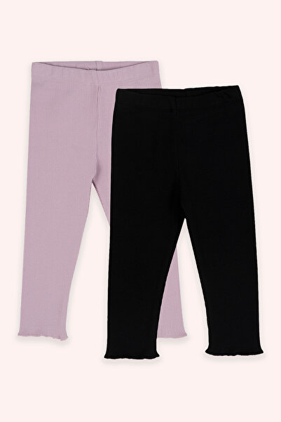Panço Kız Bebek Beli Lastikli Siyah Lila 2'li Tayt Seti