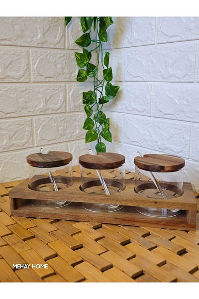 MEHAY HOME 3-Piece Borosilicate Acacia - Glass Spice Rack Round